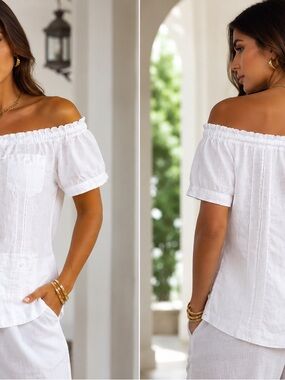 Elegant sheer lace blouse by Mojito Linen in size M.